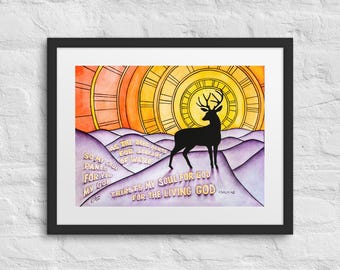 Salmo 42 Cervo Scritture Poster incorniciato Home Office Fede Decorazione Acquerello Tramonto