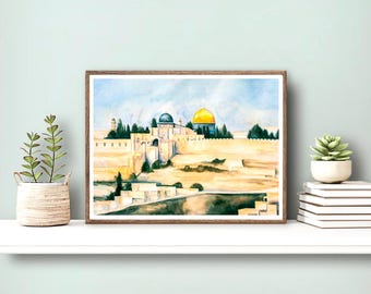 Póster del Monte del Templo de Jerusalén, pintura en acuarela de Tierra Santa, decoración bíblica, lámina artística de Israel, decoración para sala de oración cristiana