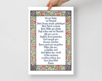 German Lord's Prayer Watercolor Print: Floral Calligraphy Bible Verse Wall Art