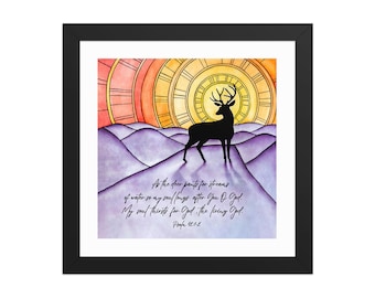 Psalm 42 Framed Poster: Watercolor Deer Sunset, Bible Verse Decor
