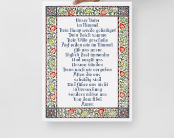 German Lord’s Prayer Canvas Print Bible Scripture Floral Watercolor Christian Wall Art