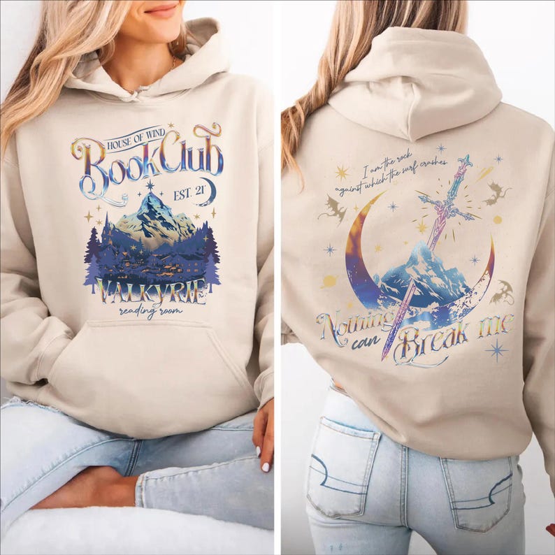 The image is a collage of two photos featuring a woman wearing a beige hoodie with a design on the front and back.
