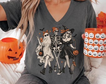 Vintage Halloween Ghoul Squad Vneck Tee,Pumpkin Vneck,Skeleton Tee,Ghost Tee,Halloween Party Outfit, Spooky Tshirt,SR492
