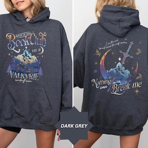 The image is a collage of two photos of a woman wearing a grey hoodie with a graphic design on the front and back.