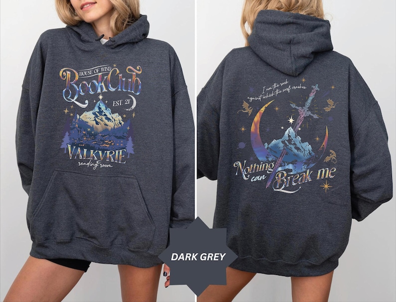 The image is a collage of two photos of a woman wearing a grey hoodie with a graphic design on the front and back.
