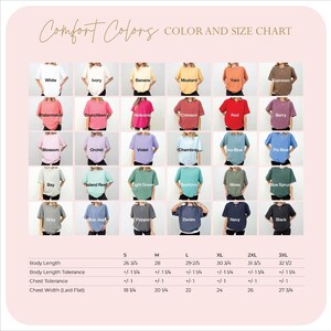 The image is a color and size chart that displays various clothing items in different colors and sizes.