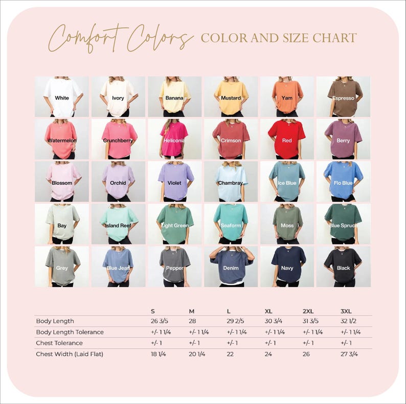 The image is a color and size chart that displays various clothing items in different colors and sizes.