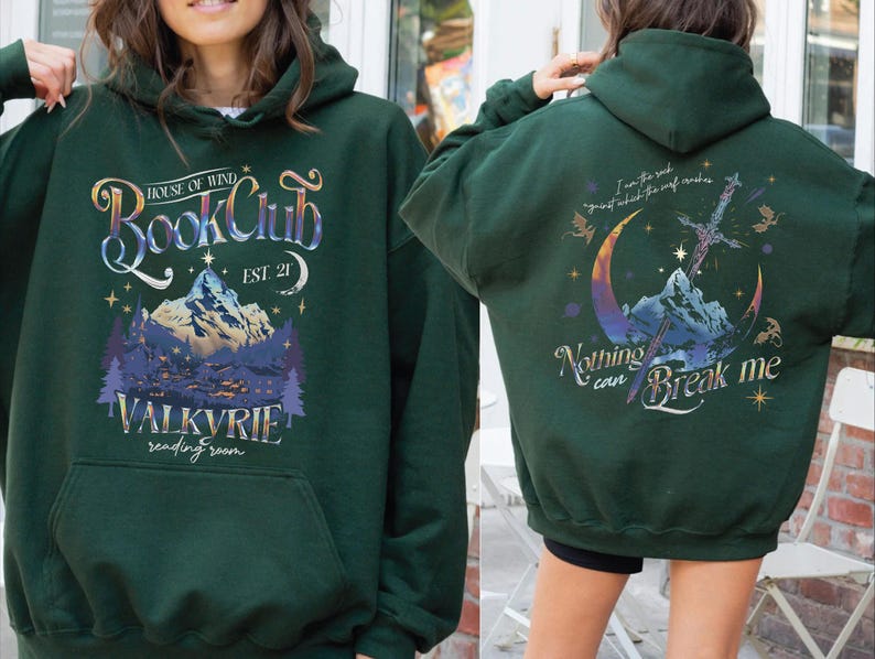 two green hooded sweatshirts with various designs and text on them.
