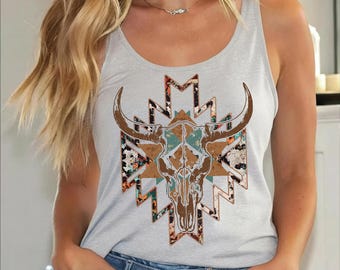 Aztec Pattern Racerback Tank Top,Skull Cow Vneck Shirt,Western Racerback , Vintage Western Tee, Cowgirl Shirt,SR98
