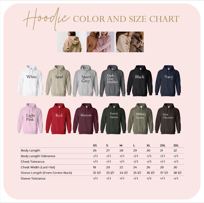 The image is a color and size chart for hoodies, displaying various color options and corresponding sizes.
