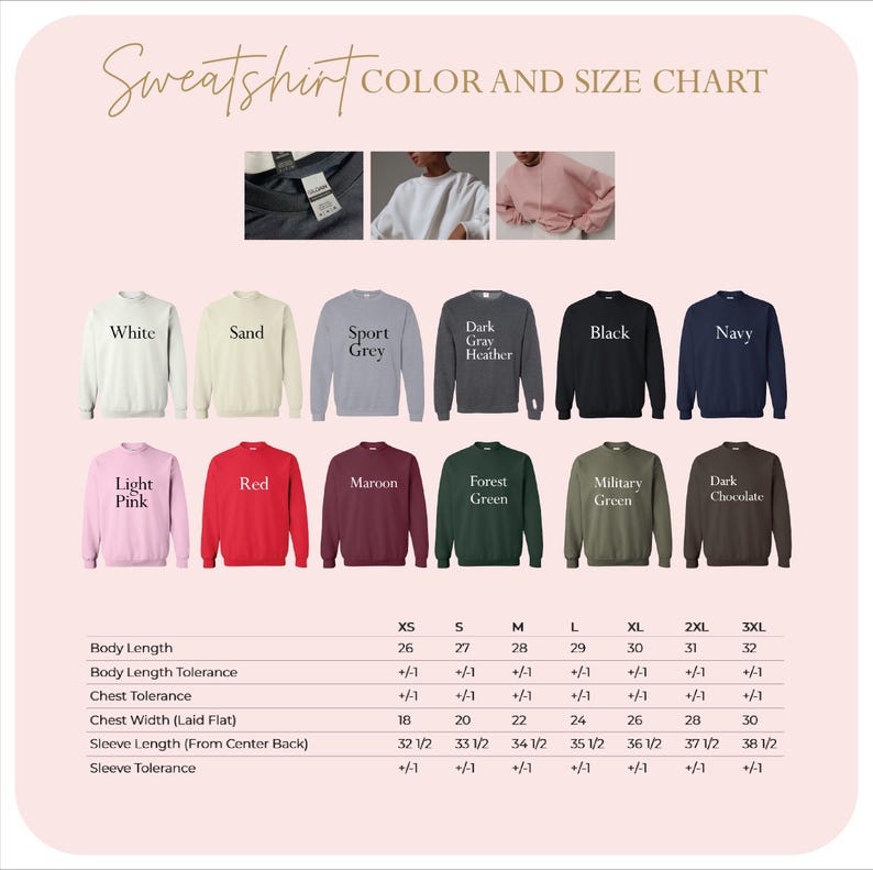 The image is a color and size chart that displays various sweatshirt colors and sizes, along with corresponding measurements.