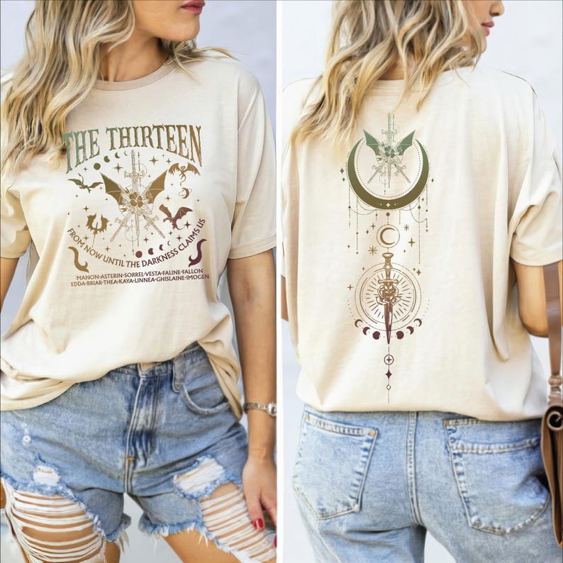 The image is a collage of two photos featuring a woman wearing a beige t-shirt with a graphic design on the front and back.