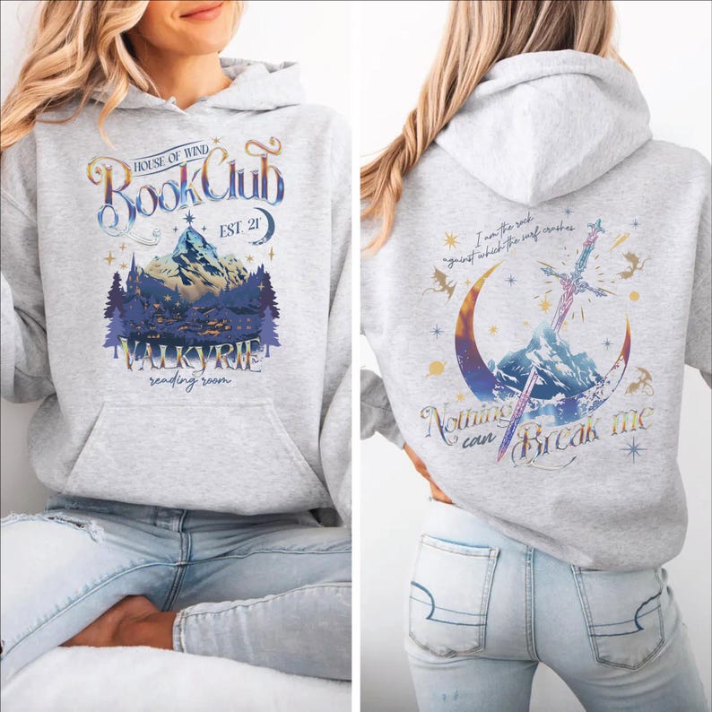 The image is a collage of two photos featuring a woman wearing a grey hoodie with a graphic design on the front and back.