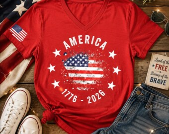250th Anniversary V-Neck Tee: USA Flag Graphic - Women's and Unisex Vneck Tee,SR220