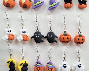 Halloween Dangle Earrings Pumpkin, Ghost, Witch Hat, Black Cat, Haunted House Earrings Cute Polymer Clay Halloween Jewellery Pick Your Style