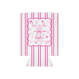 Personalized Bachelorette Love at the Lake Pink Double Stripe Can Cooler - Custom Drink Holder for Bridal Parties, Wedding Favors, Beach
