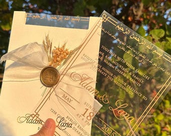 Invitación de boda de acrílico transparente con lámina dorada, invitación de boda musulmana árabe e inglesa, tarjeta de boda islámica moderna de lujo