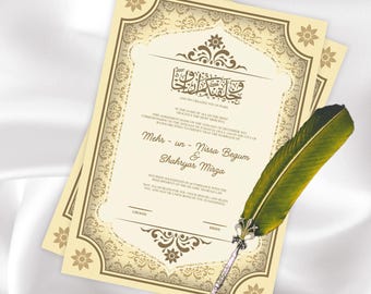 May include: Two beige wedding invitations with ornate floral borders and Arabic calligraphy. A green feather quill pen rests on the invitations. The text includes names and dates, indicating a marriage ceremony.