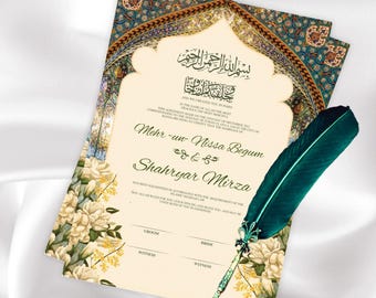May include: Cream-colored wedding invitation with floral and ornate design elements. The invitation features text in Arabic script and English, along with a decorative teal feather quill. The invitation is layered with a floral design.