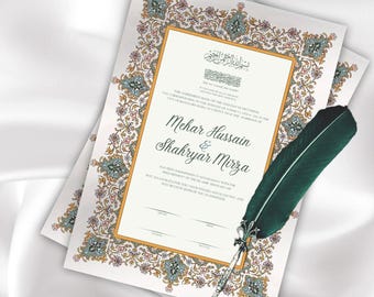 May include: Two wedding certificates with ornate floral borders and text. The main certificate has a gold border and the names "Mehar Hussain & Shahryar Mirza". A green feather quill pen rests on the certificates.