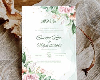 Floral Nikkah Invitation Template | Green & Blush Watercolor (Digital Download)