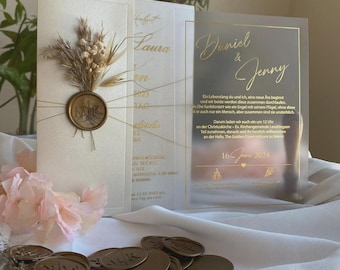 Elegante acrylhuwelijksuitnodiging met lakzegel en gedroogde bloemen