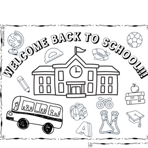 May include: Three black and white illustrations with school, summer, and math themes. The "Welcome Back to School" image includes a schoolhouse, bus, and school supplies. The "Peace Out Summer" image features a peace sign, sun, and beach scene. The "Math" image shows math symbols.