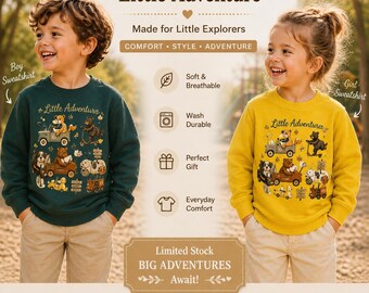 Little Adventurer Kids Sweatshirt, Cute Woodland Animal Jumper, Dog Wagon Camping Design, Toddler Boy Girl Gift, Cozy Kids Outfit