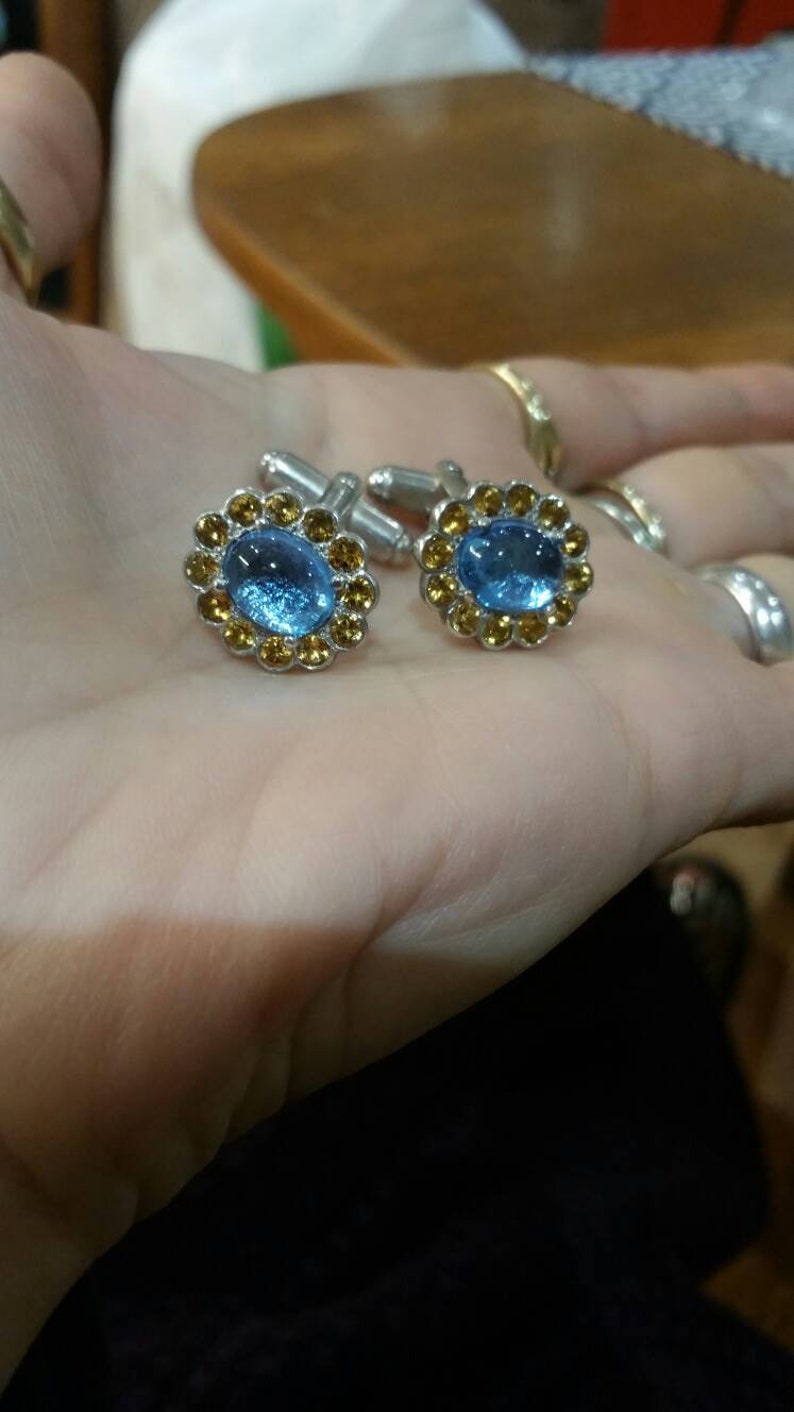 Victorian Style cufflinks, silver, blue topaz and citrine image 1