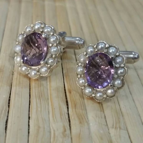 Victorian, Edwardian Style silver cufflinks, pearls and Amethyst