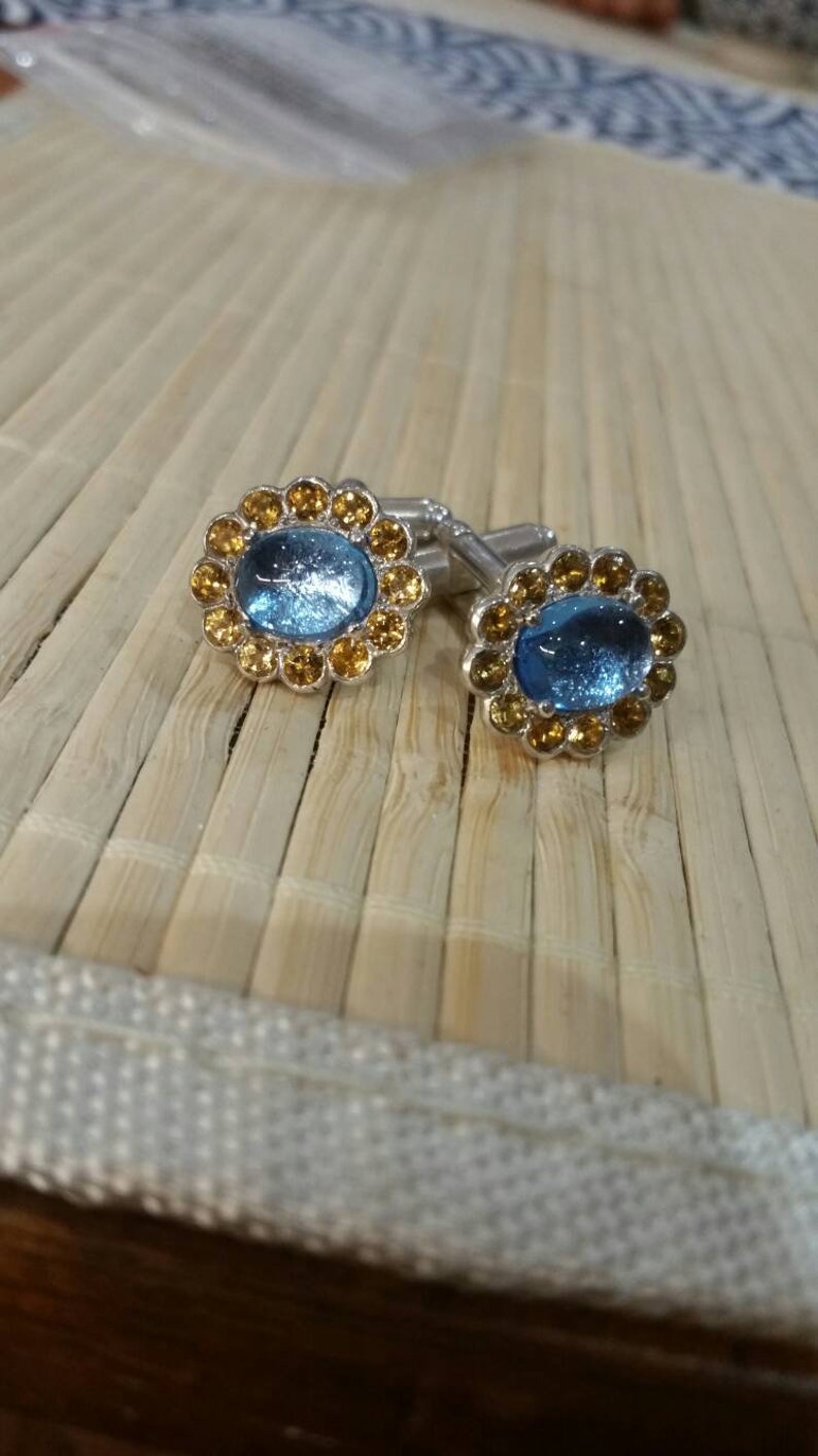 Victorian Style cufflinks, silver, blue topaz and citrine image 2