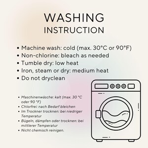 May include: A washing instruction guide with the title "WASHING INSTRUCTION". The guide includes instructions for machine washing, non-chlorine bleach, tumble drying, ironing, and dry cleaning. A line drawing of a washing machine is on the right.