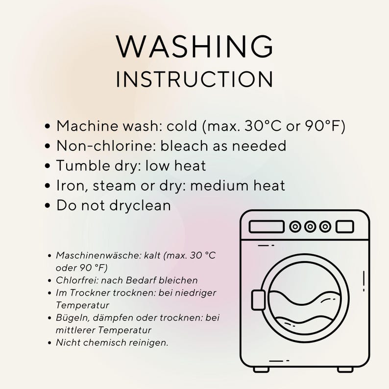 May include: A washing instruction guide with the title "WASHING INSTRUCTION". The guide includes instructions for machine washing, non-chlorine bleach, tumble drying, ironing, and dry cleaning. A line drawing of a washing machine is on the right.