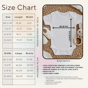 May include: A white baby bodysuit with measurements in inches, alongside a size chart. The chart details length and width for sizes NB to 12-18 months. The bodysuit is displayed with a toy and shoes on a woven surface. The text reads "BABYBODY".