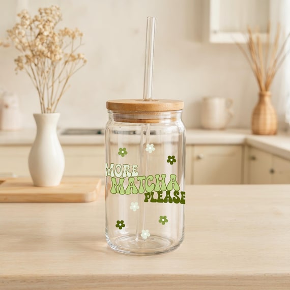 More Matcha Please Glas Mit Blumen - Matcha Glasbecher Für Iced Matcha & Kaffee, Aesthetic Glas, Geschenk Für Matcha Fans,blumen Glas Matcha
