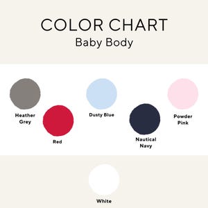 May include: A color chart labeled "Color Chart Baby Body" displays a selection of colors. The colors include Heather Grey, Red, Dusty Blue, Nautical Navy, Powder Pink, and White, presented as circular swatches.