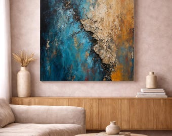 Textured Living Room Wall Art Print, Teal and Ochre Abstract, Digital Download