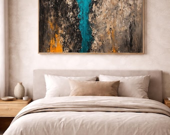 Textured Bedroom Wall Art Print, Charcoal & Teal Abstract, Digital Download