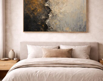 Modern Bedroom Wall Art Print, Charcoal & Ochre Abstract, Digital Download