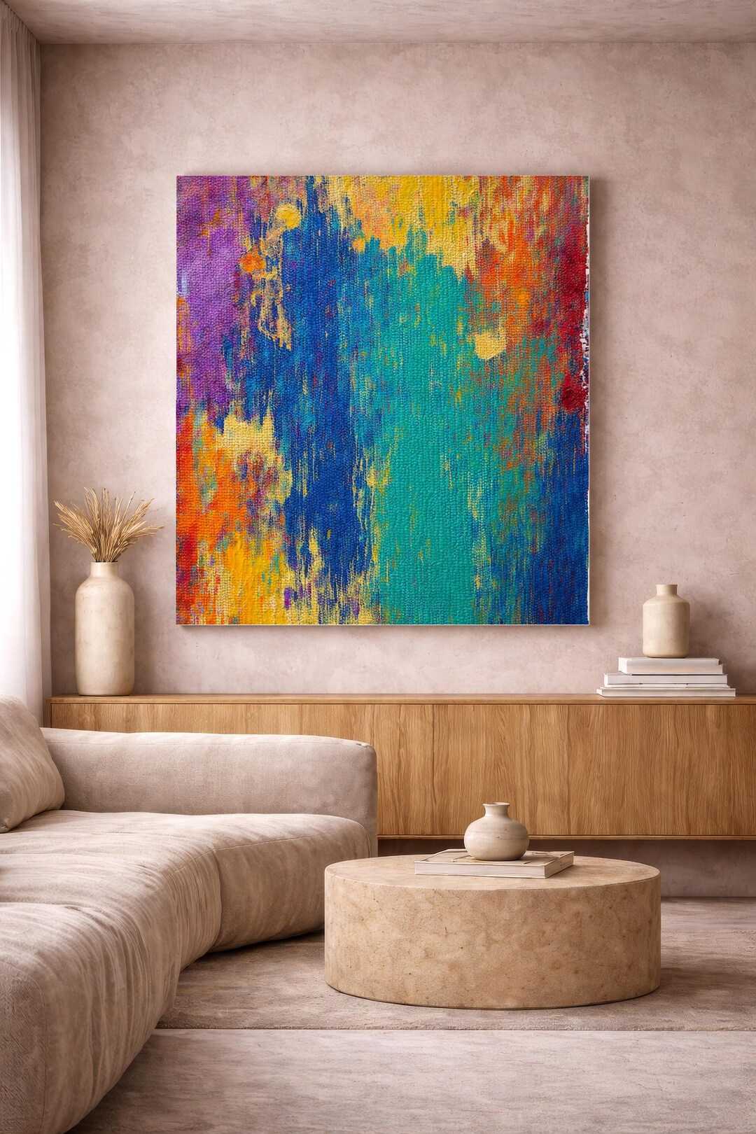 Textured Abstract Wall Art Blue Yellow | Minimalist Vertical Canvas ...