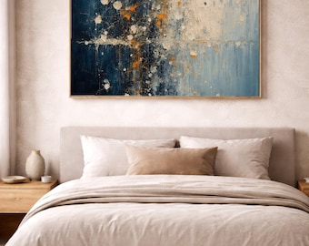 Slate Blue and Ochre Bedroom Wall Art, Modern Abstract Digital Download