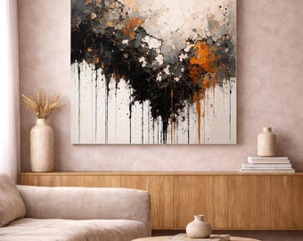 Modern Living Room Wall Art Print, Charcoal and Cream Abstract, Digital Download