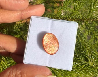 May include: Oval-shaped sunstone gemstone, orange with sparkling inclusions, displayed in a white case. The stone is held against a backdrop of green foliage, showcasing its natural beauty and color variations.