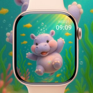 Kawaii Nilpferd Apple Watch Wallpaper - Unterwasser 3D Motiv (Digitaler Download)