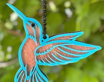 Layered Wood Acrylic Hummingbird Rearview Mirror Charm | Nature Car Accessory