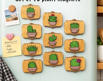 Wooden Succulent Fridge Magnets | Cactus Plant Decor | Plant Lover Gift (Set of 10)