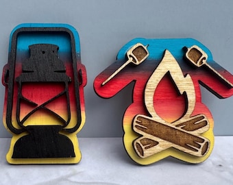 Set of 10 Wooden Camping Magnets | Lantern, Campfire RV Decor