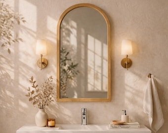 Arched Wood Frame Mirror, Solid Oak Walnut, Modern Bathroom Vanity Entryway Decor