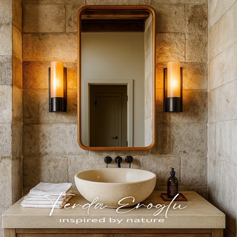 Rustic rectangular bathroom mirror with natural walnut frame, decorative stone wall vanity design