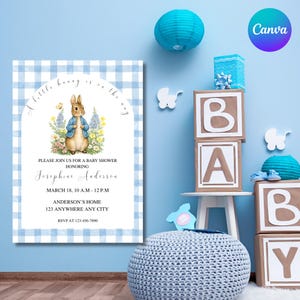 May include: A baby shower invitation with a blue gingham border features a watercolor illustration of a bunny in a blue jacket. The invitation includes the text "A little bunny is on the way" and event details.